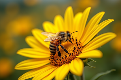 Abeille mature butinant sur une fleur de tournesol en été