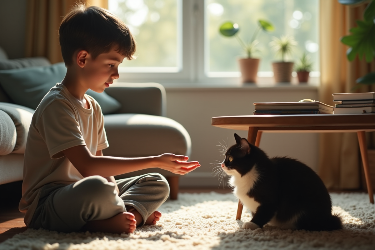 Adolescent offrant une main à un chat noir et blanc dans le salon
