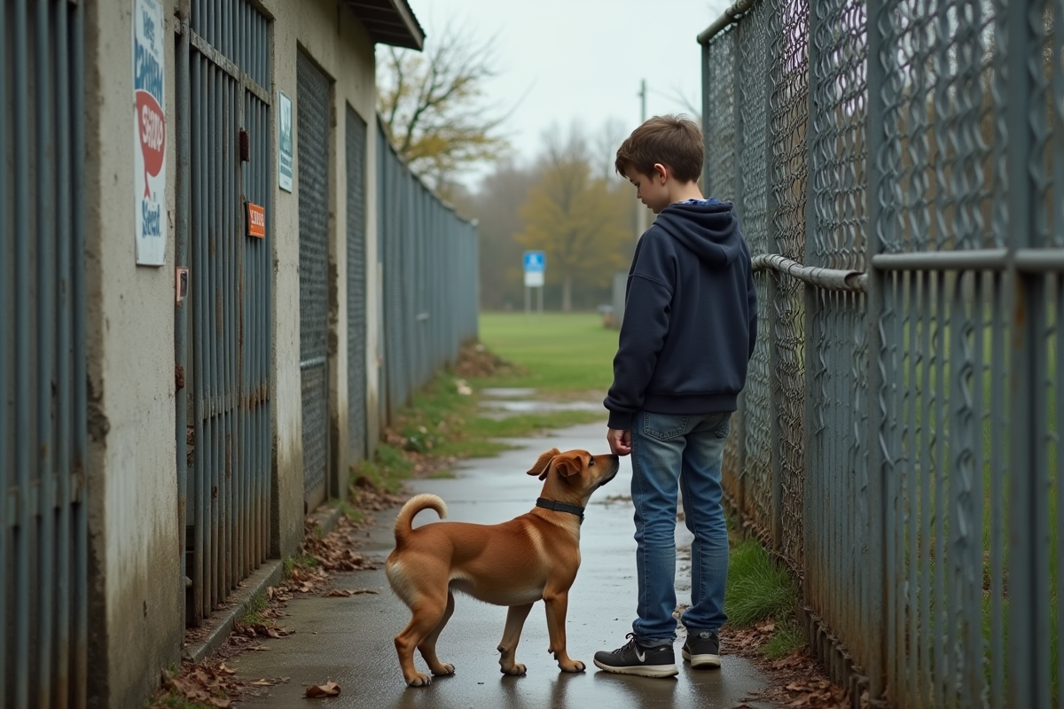 Adolescent touchant un chien dans un refuge animalier