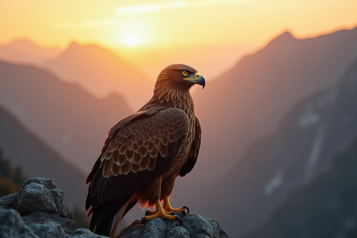 Aigle doré perché sur une falaise au lever du soleil