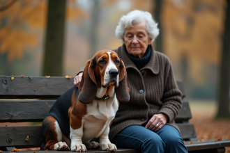 Chien basset hound tricolore âgé assis avec une femme