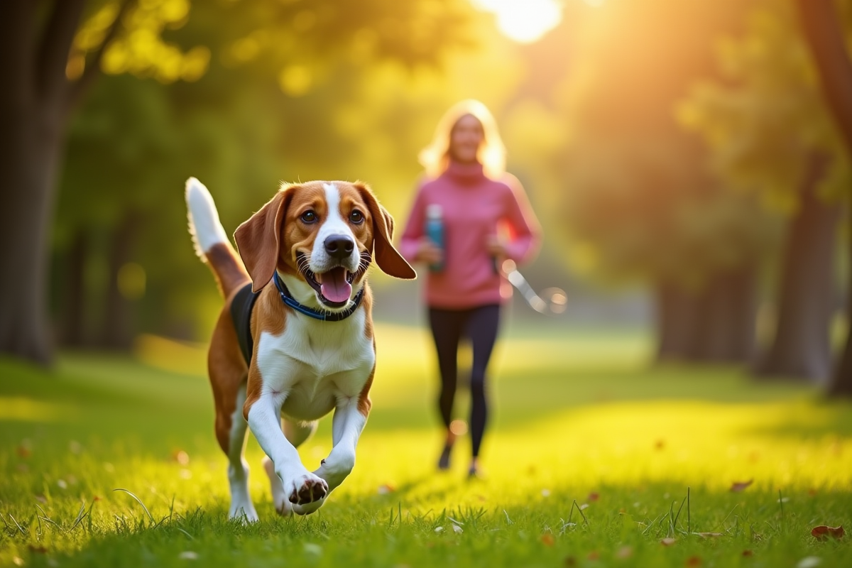 Chien beagle courant dans un parc ensoleille avec son propriétaire