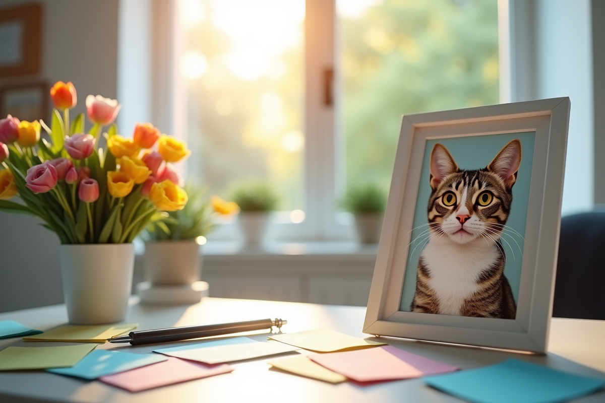 Bureau de vétérinaire avec fleurs et photos d