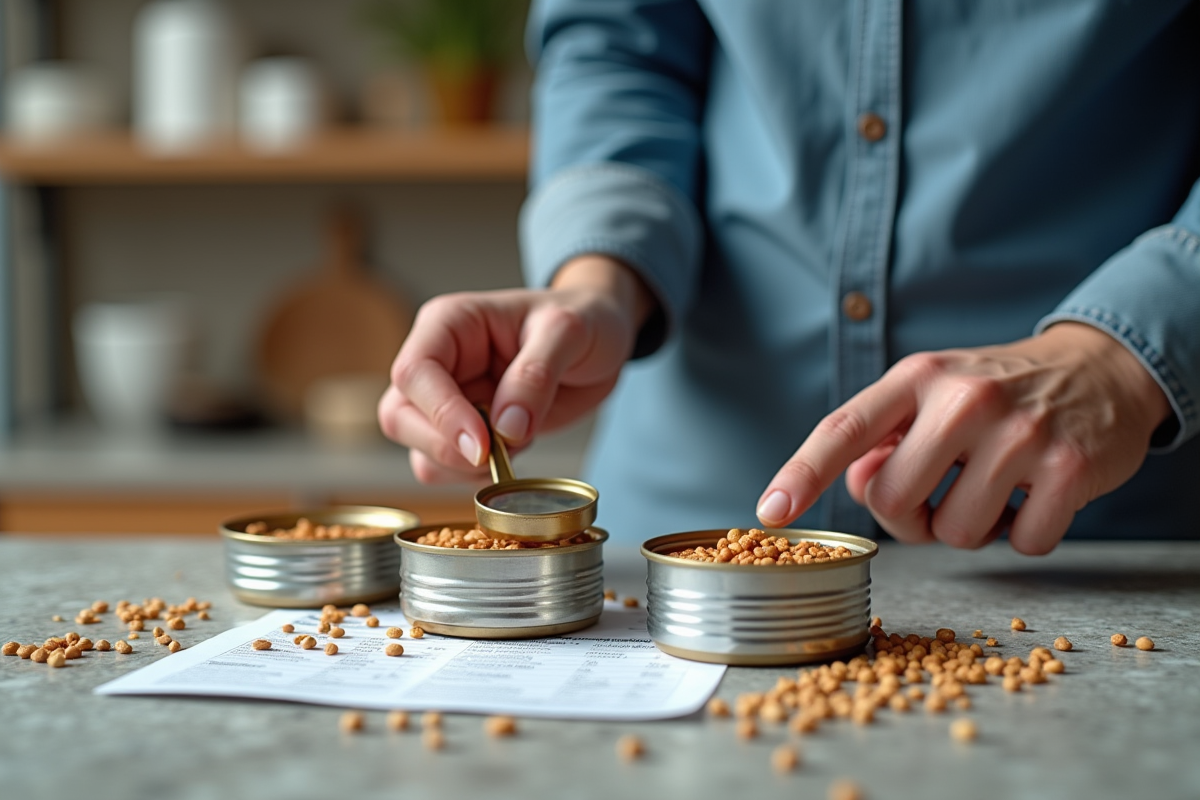 Gros plan sur des boîtes de nourriture pour chat avec grains et notes nutritionnelles
