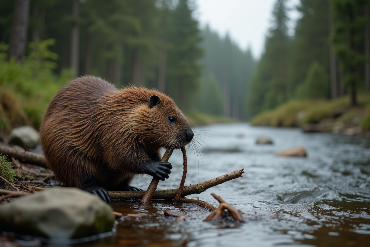 Castor adulte en action sur une branche près d