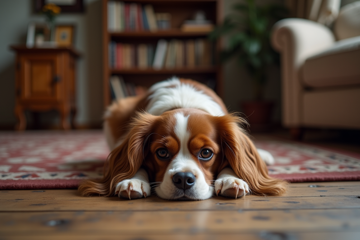 Jeune chien cavalier king charles triste dans un salon chaleureux