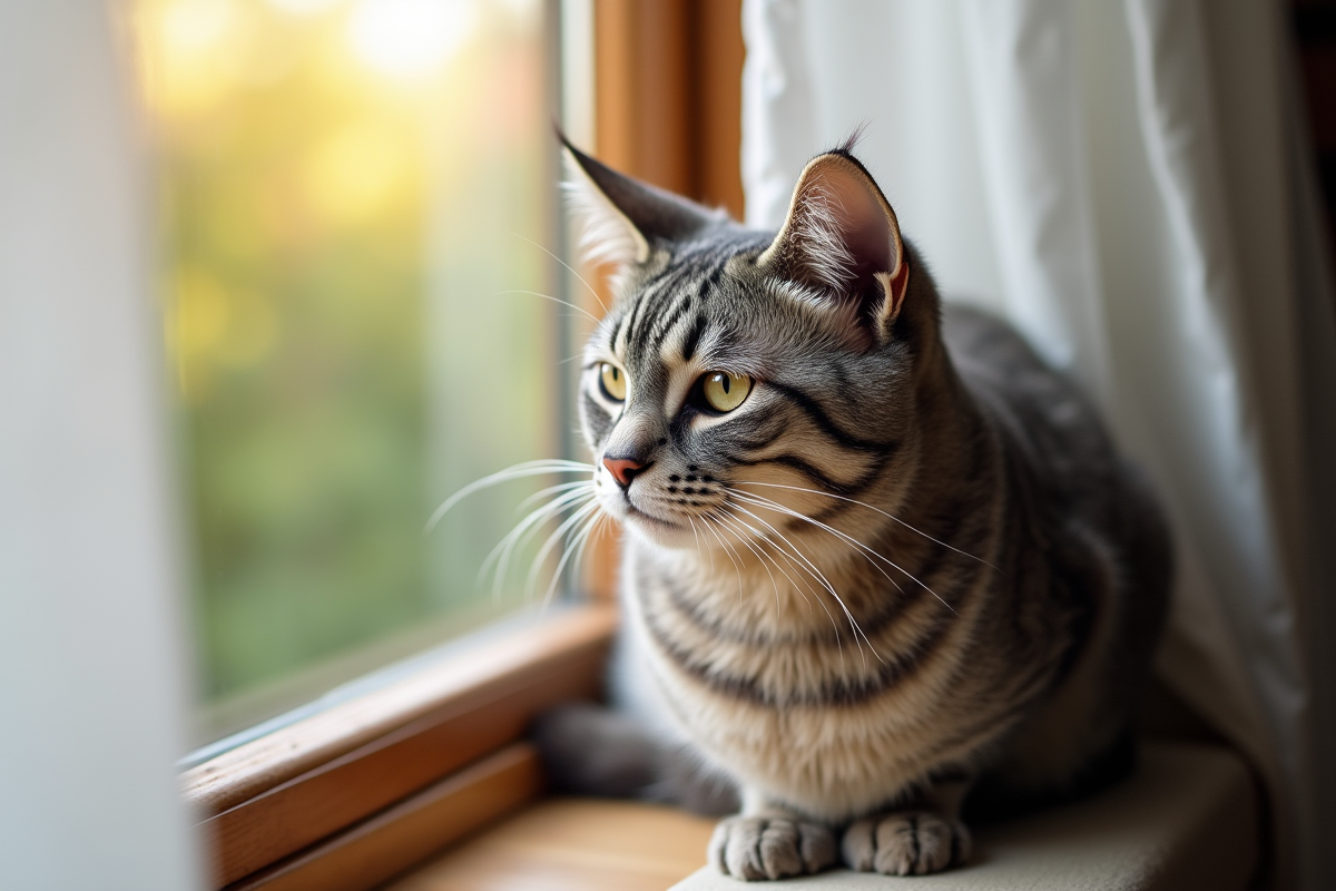 Chat âgé sur une fenêtre ensoleillée avec vue jardin