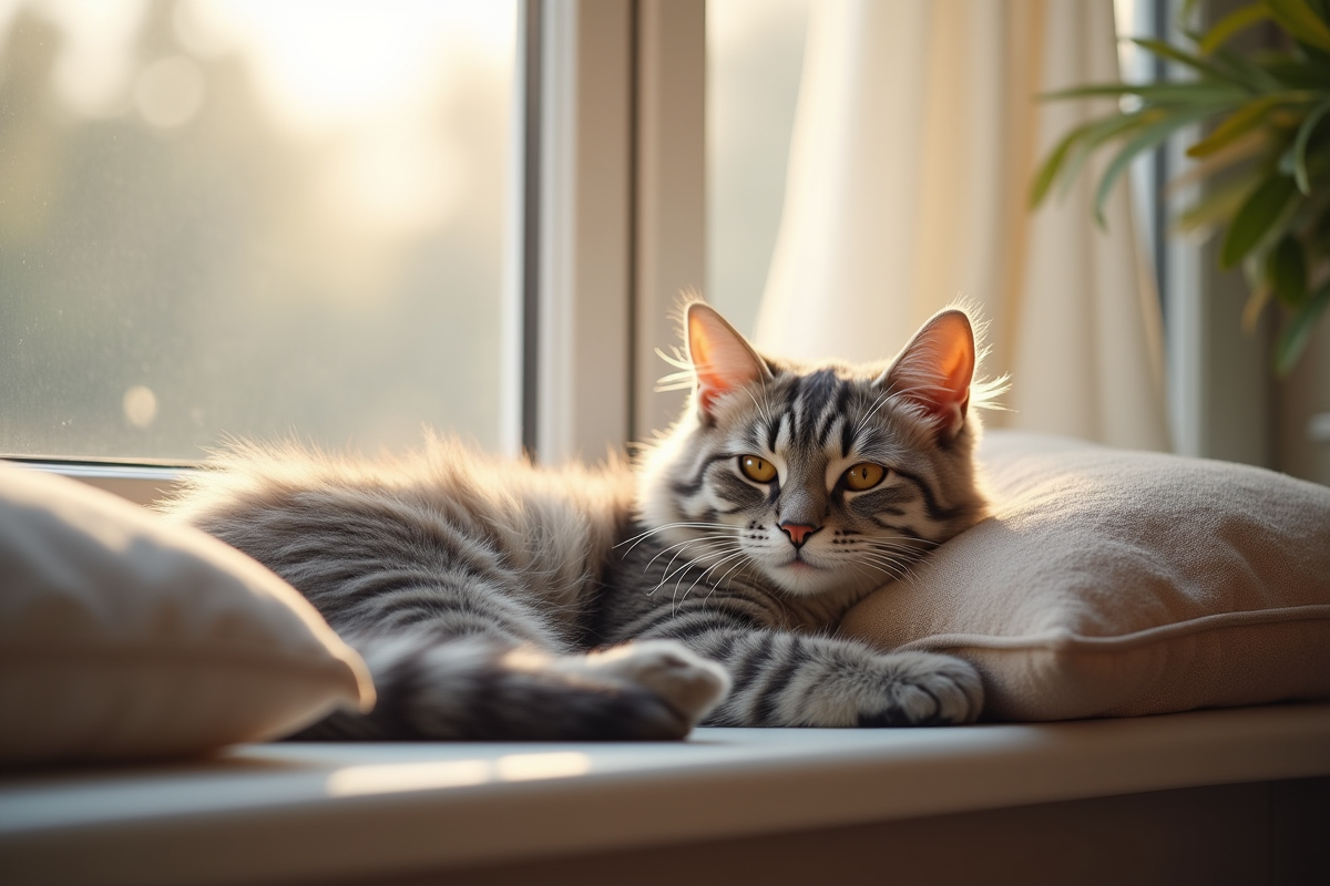 Chat âgé détendu sur une fenêtre ensoleillée avec coussins