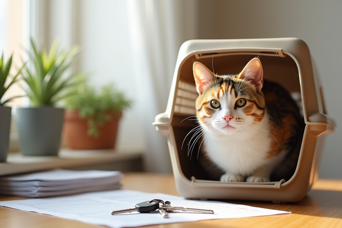 Chat calico dans une cage à côté de papiers et clés sur une table en bois