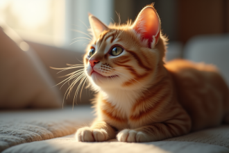 Chat domestique assis sur un canapé avec salive au coin de la bouche