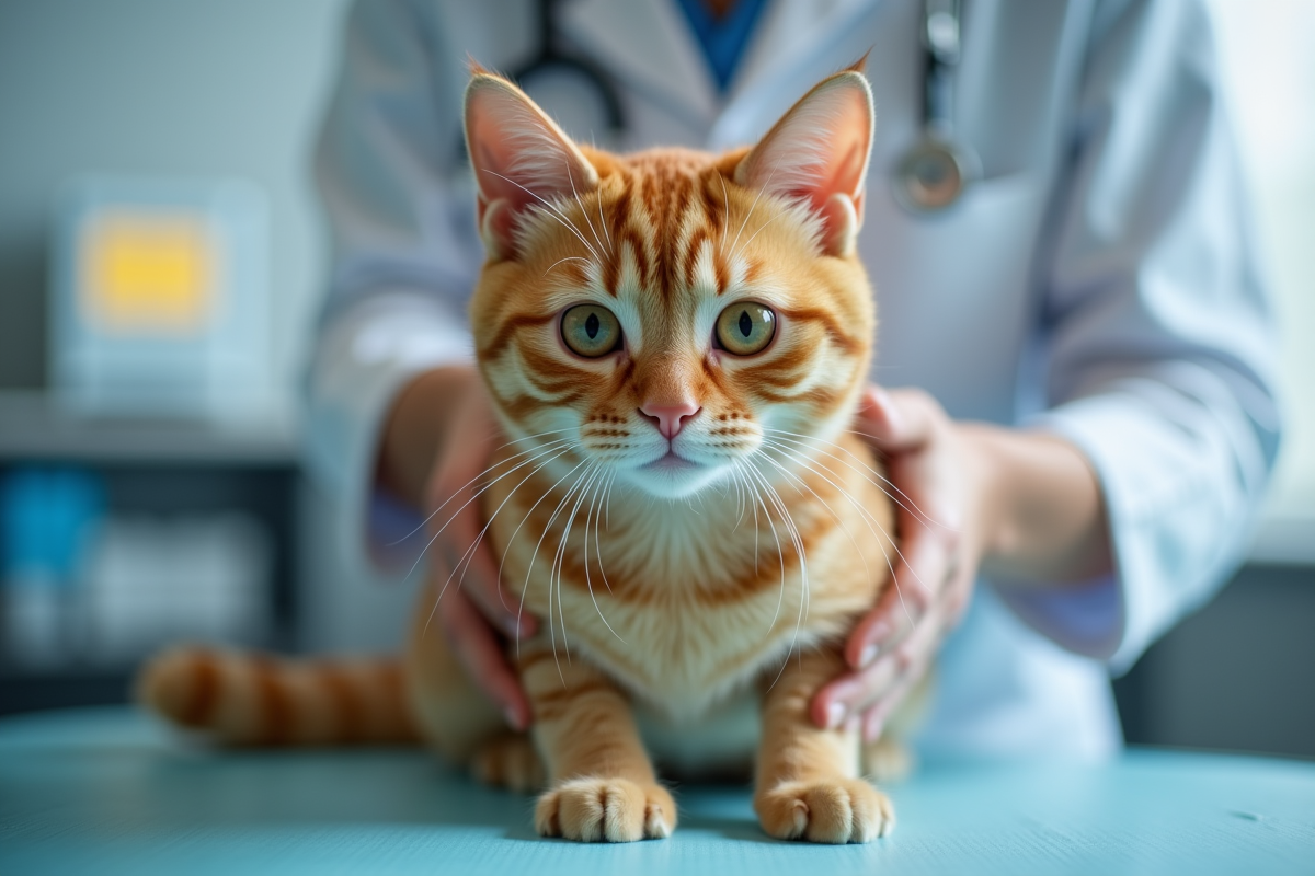 Chat tigré examiné par un vétérinaire en cabinet bien éclairé