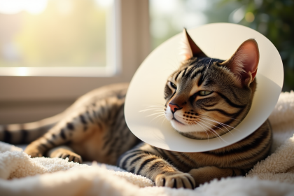 Chat tacheté reposant sur une couverture près d'une fenêtre ensoleillée