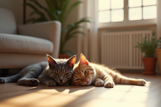 Deux chats adultes allongés paisiblement dans un salon lumineux