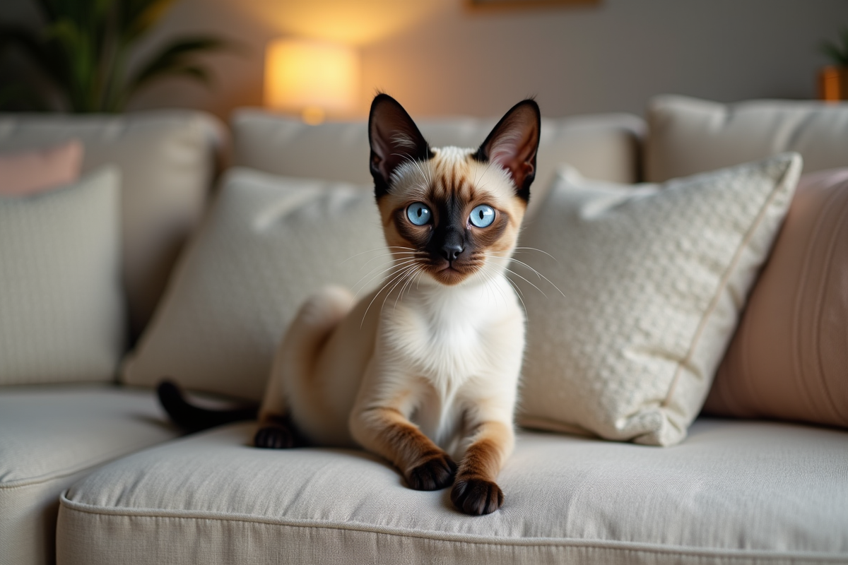 Chat siamois joueur sur un canapé avec décoration moderne