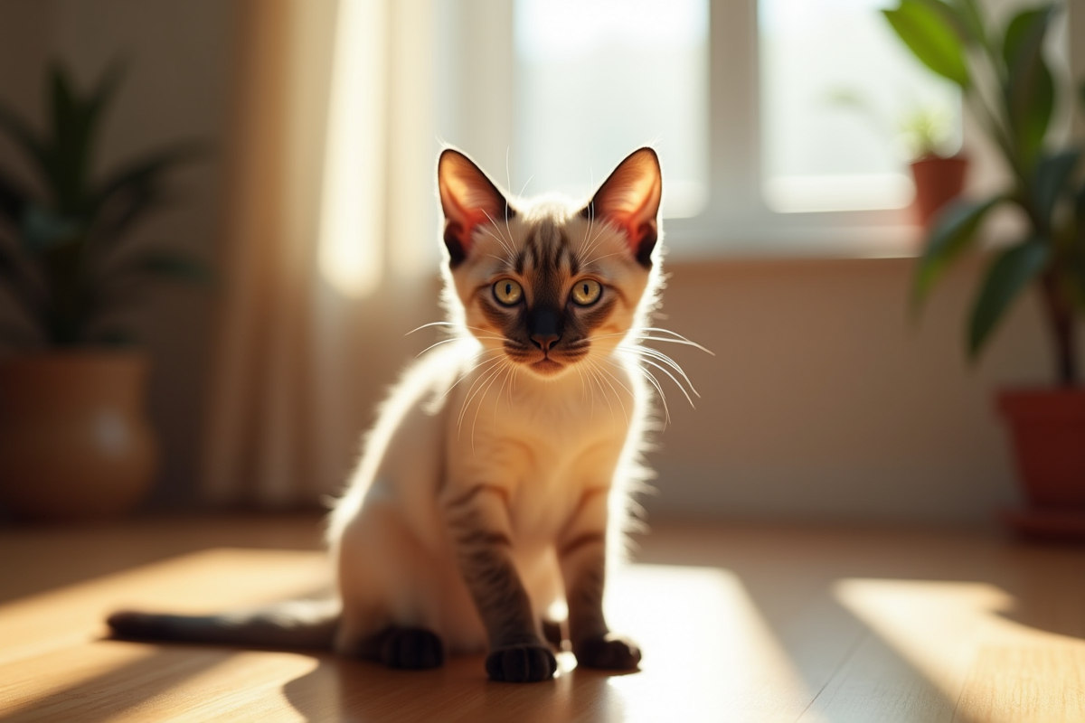 Chat siamois assis sur un sol en bois en lumière naturelle