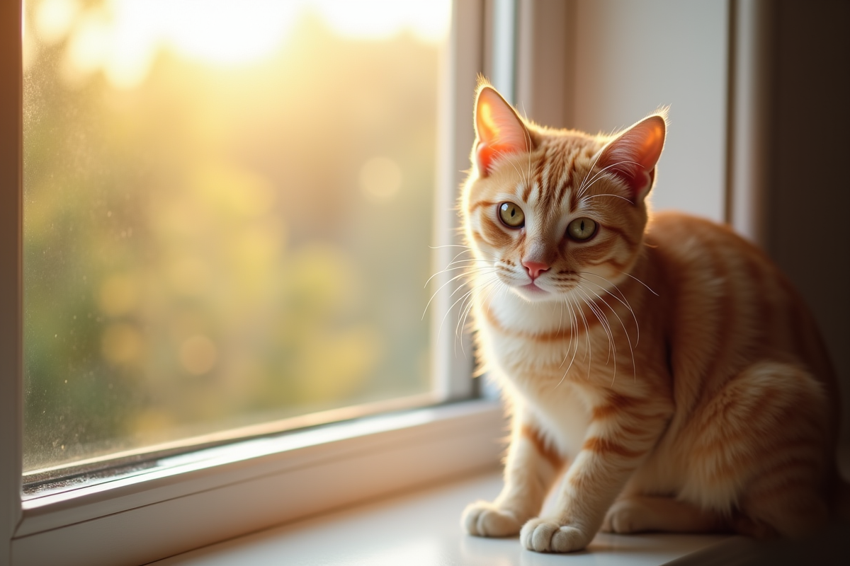 Chat beige sur une fenetre ensoleillee