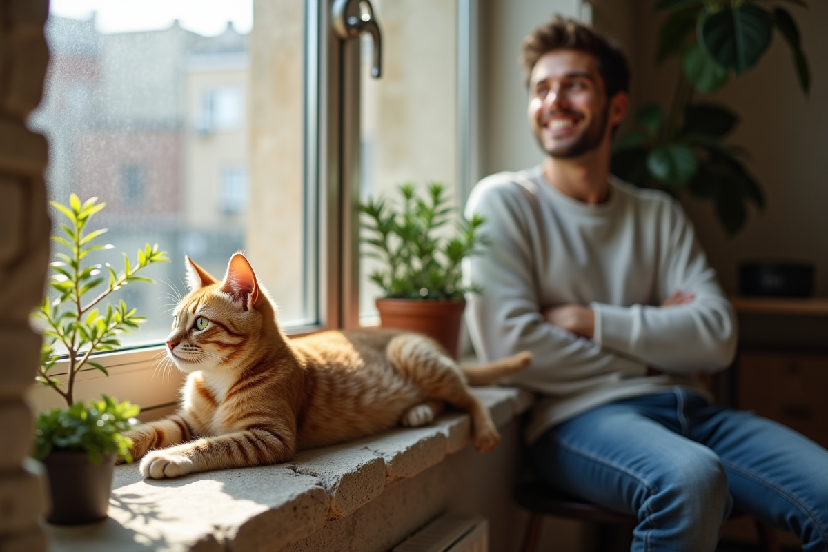 Jeune chat étiré sur la fenêtre avec un homme regardant