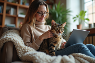 Chat tabby adulte sur un plaid avec une femme lisant