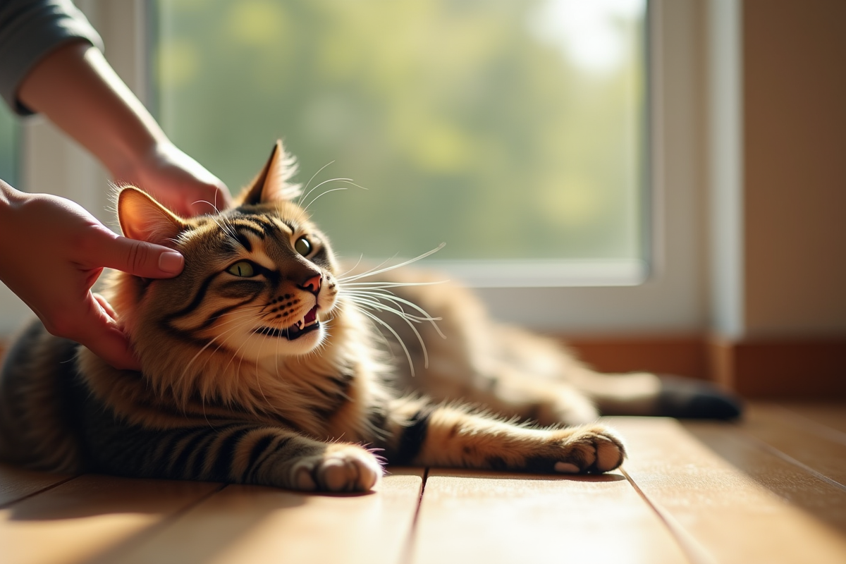 Chat tigré allongé près d