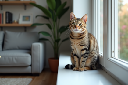 Chat tabby assis sur la fenetre dans un salon moderne
