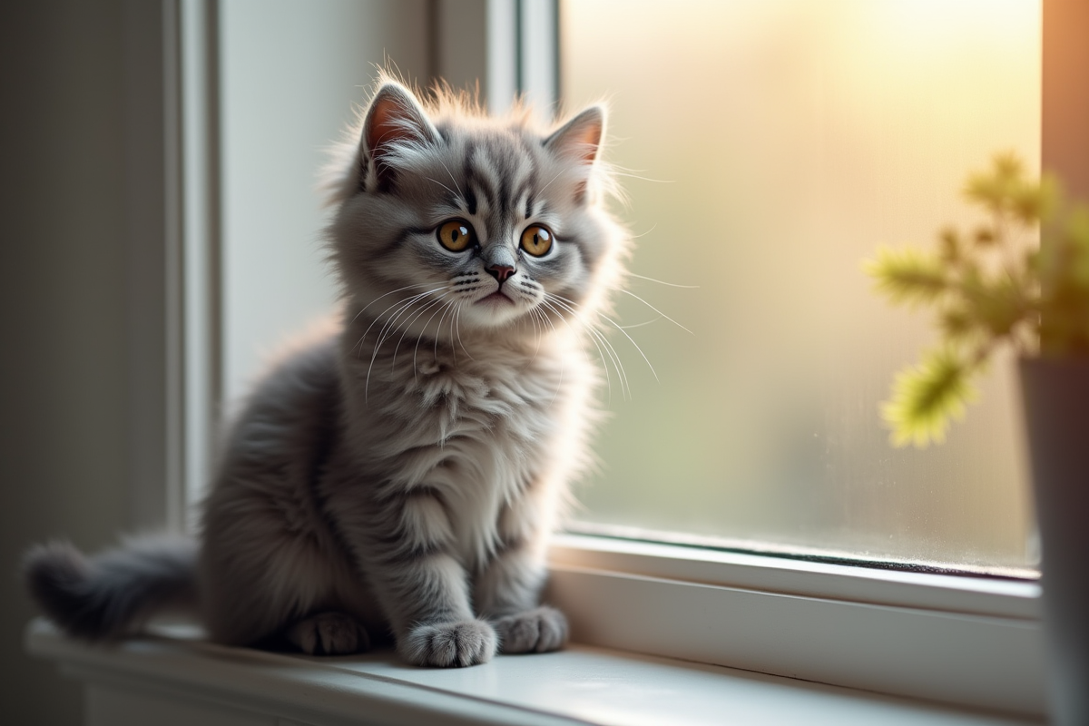 Chaton angora gris sur une fenêtre ensoleillée