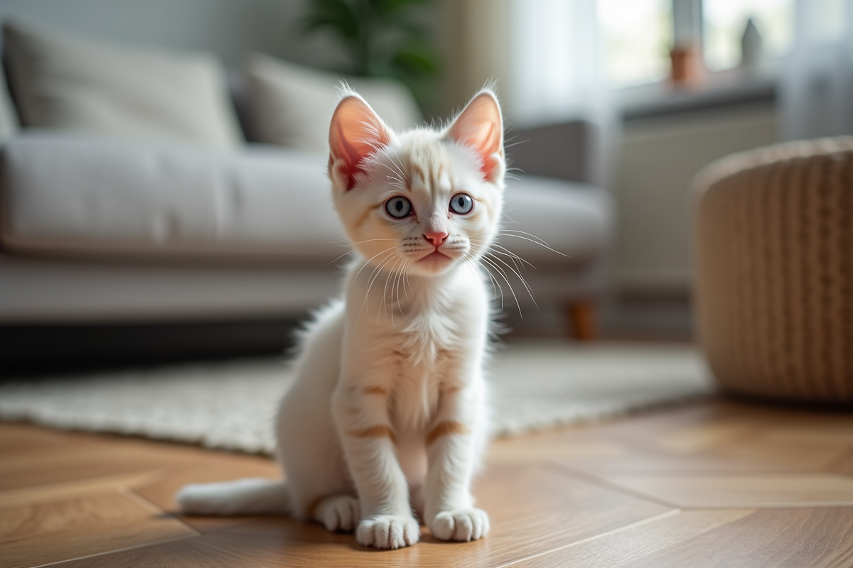 Chaton blanc Bengal sur parquet dans salon moderne
