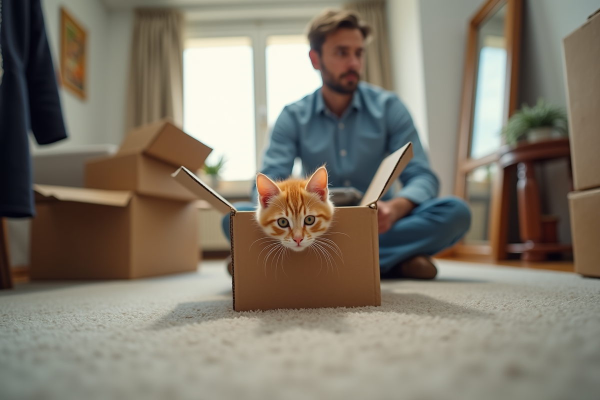 Chaton roux dans une boîte en carton dans un couloir