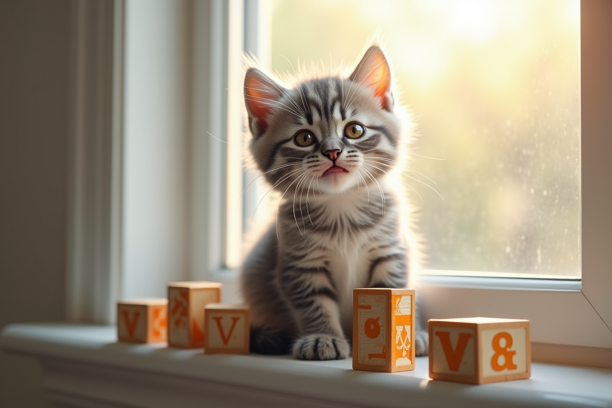 Jeune chaton gris sur une fenêtre avec blocs en forme de V