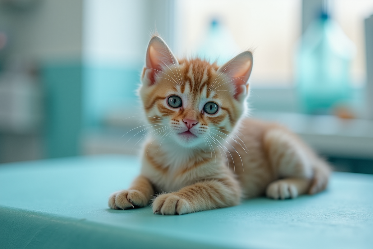 Chaton joueur sur table d'examen vétérinaire