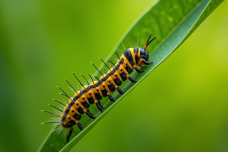 Chenille jaune et noire sur une feuille verte en macro