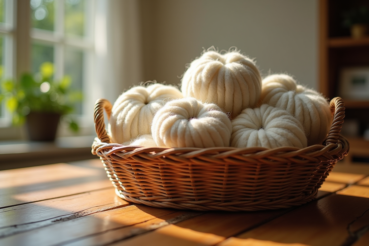 Pelotes de laine chenille dans un panier en bois sous la lumière naturelle