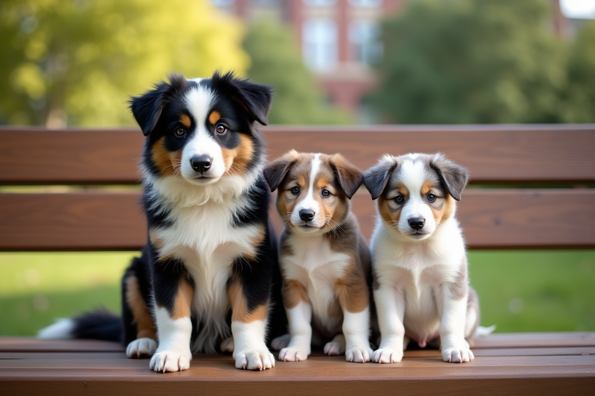 Chien adulte et deux petits chiots sur un banc en parc urbain