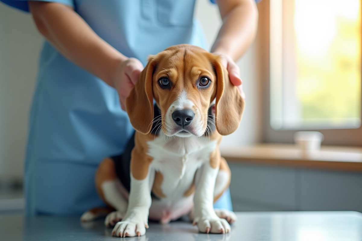 Beagle en consultation chez le vétérinaire en toute confiance