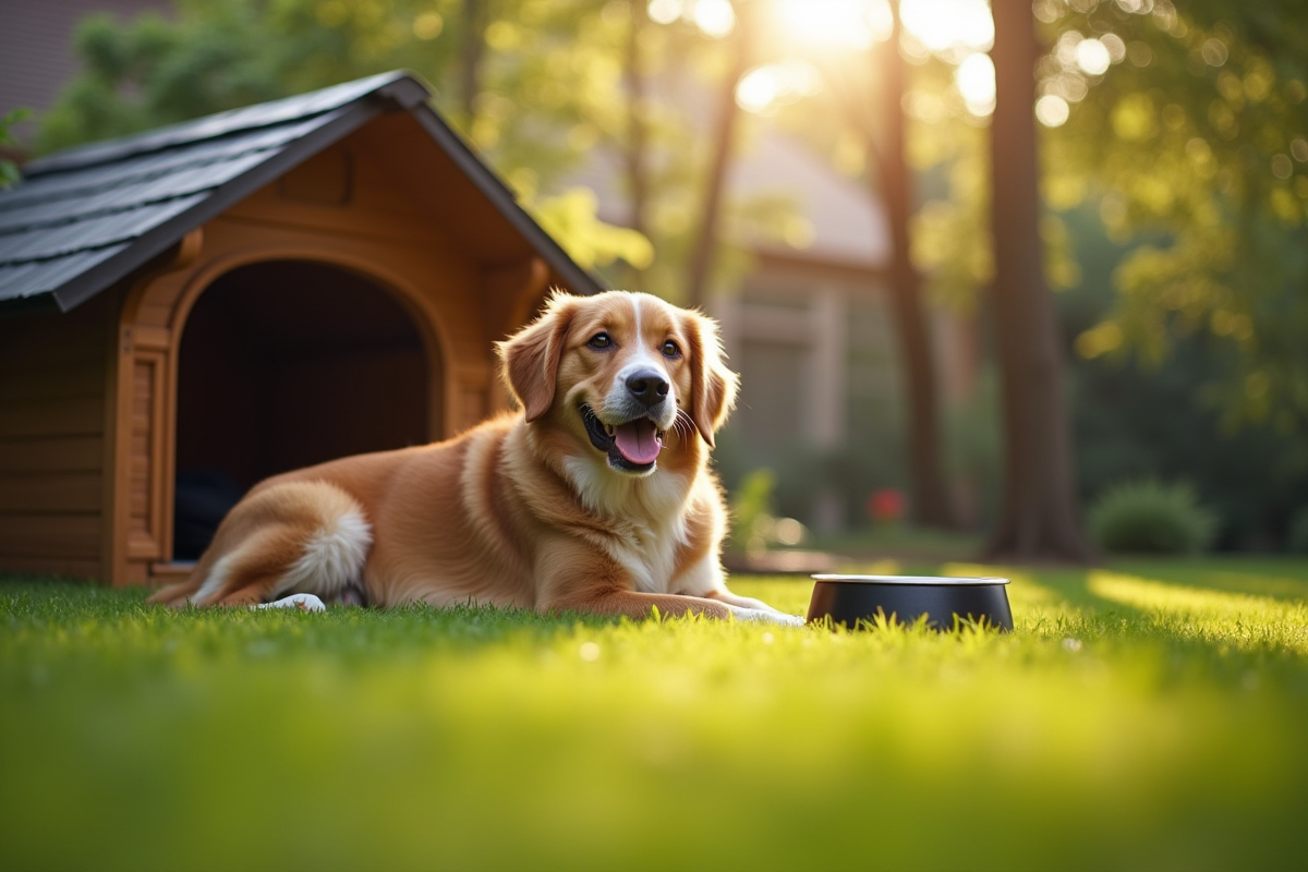 Chien heureux reposant dans un jardin bien entretenu avec niche et eau