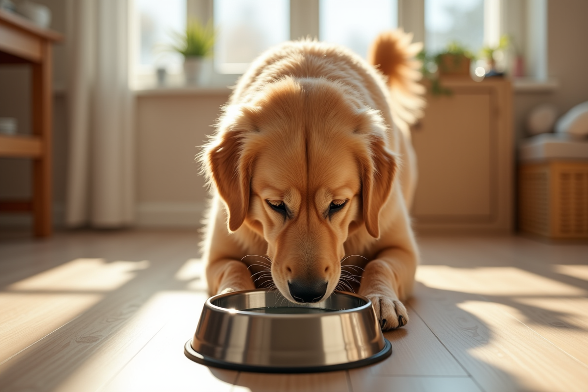 Chien doré heureux buvant dans un bol en inox en cuisine lumineuse
