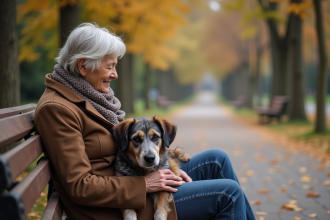 Chien âgé et femme assise dans un parc en automne