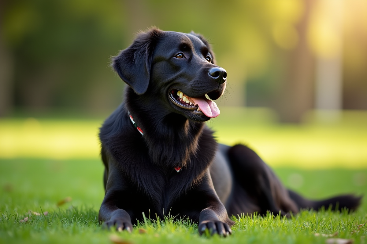 Chien golden retriever noir assis dans un parc ensoleille