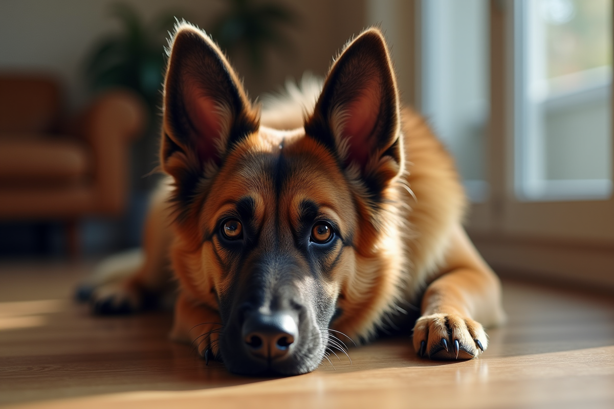 Chien Laekenois allongé à l intérieur sur un sol en bois