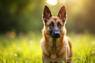 Chien Laekenois en plein air dans un champ vert ensoleille