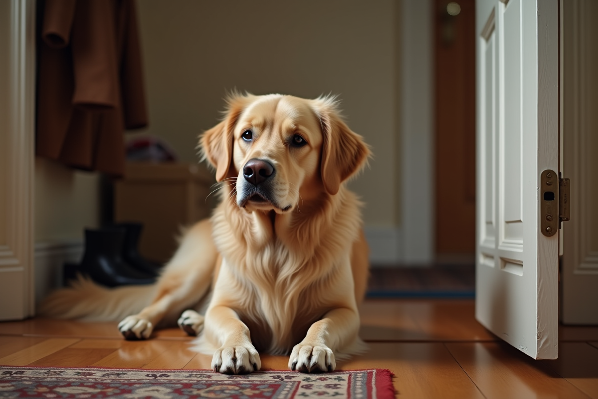 Golden retriever allongé sur le sol en bois près de l