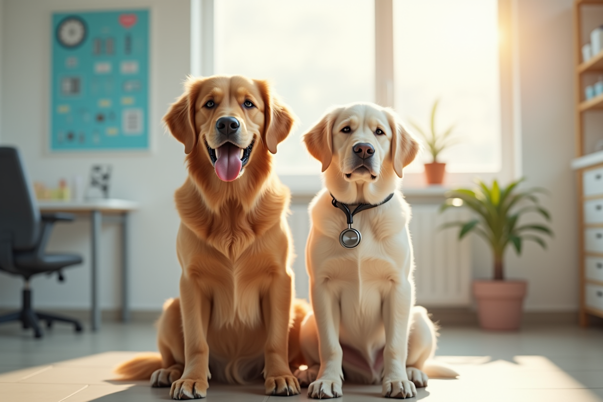 Golden retriever et labrador calmes en clinique vétérinaire