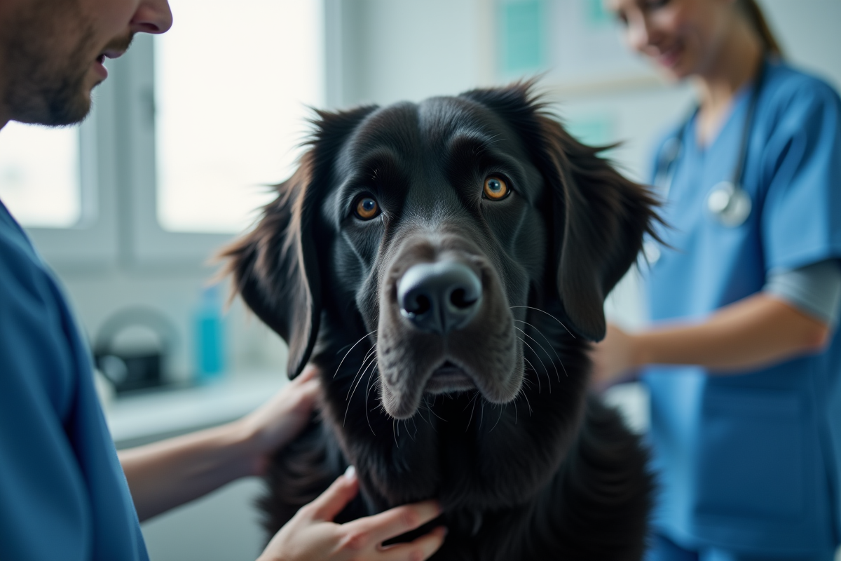 Chien golden retriever noir examiné par un vétérinaire dans une clinique