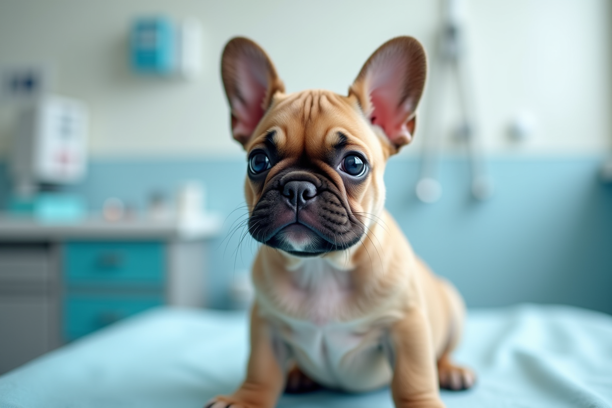 Chiot bulldog francais sur une table d'examen veterinaire