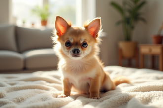 Chiot chihuahua assis sur une couverture ensoleillée