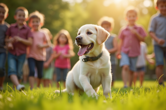 Chiot labrador joyeux avec enfants dans un parc ensoleille