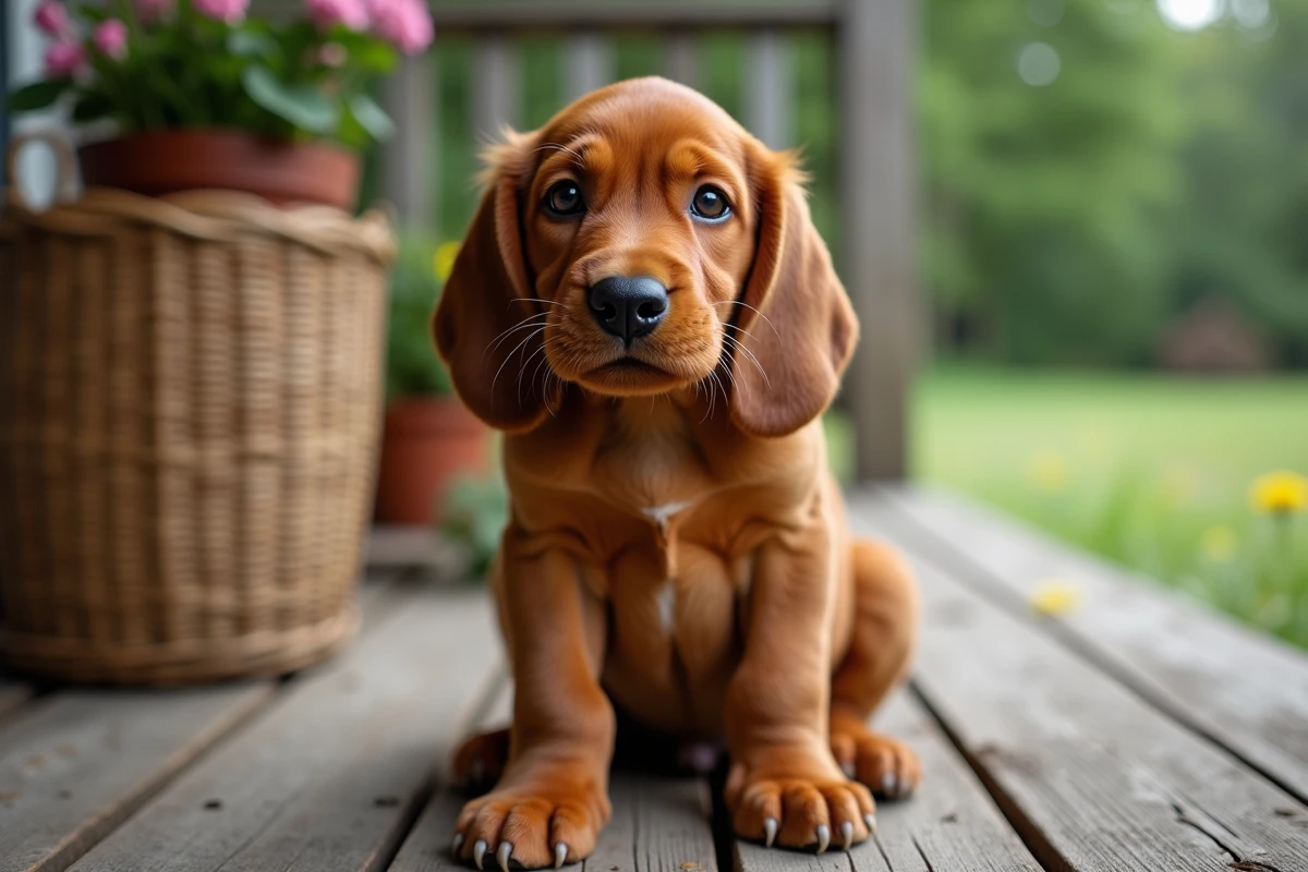 Chiot Red Coonhound assis sur un porche de ferme rustique, avec un regard expressif et des oreilles tombantes attachantes