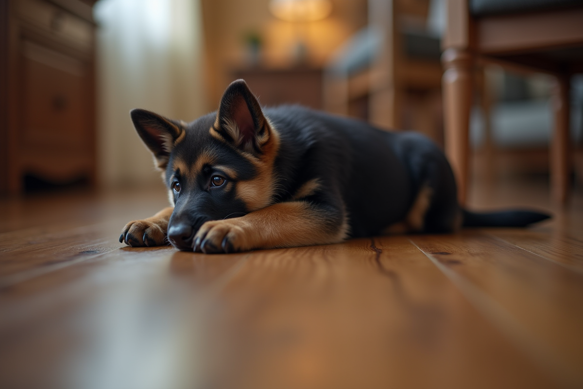 Chiot berger allemand inquiet assis sur un sol en bois intérieur