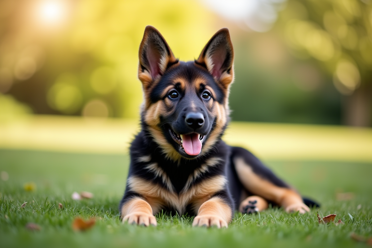 Chiot berger allemand allongé dans un jardin ensoleille avec regard expressif