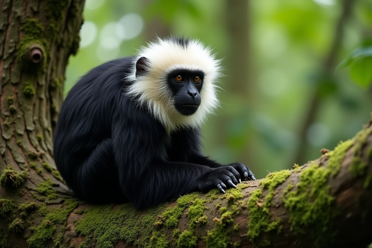 Colobe ursine au pelage noir et blanc reposant sur une branche moussue dans la forêt tropicale africaine