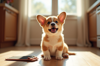 Chiot corgi assis sur le sol de la cuisine avec tapis d'apprentissage